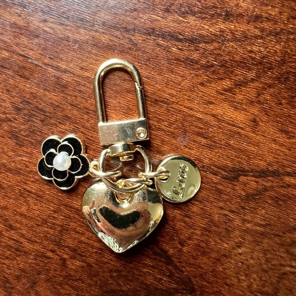 Gold Heart Keychain with Black Flower Charm